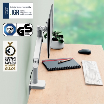 Suport pentru monitor Leitz Ergo, brat ajustabil si extensibil, cu fixare pe birou, gri-carbune